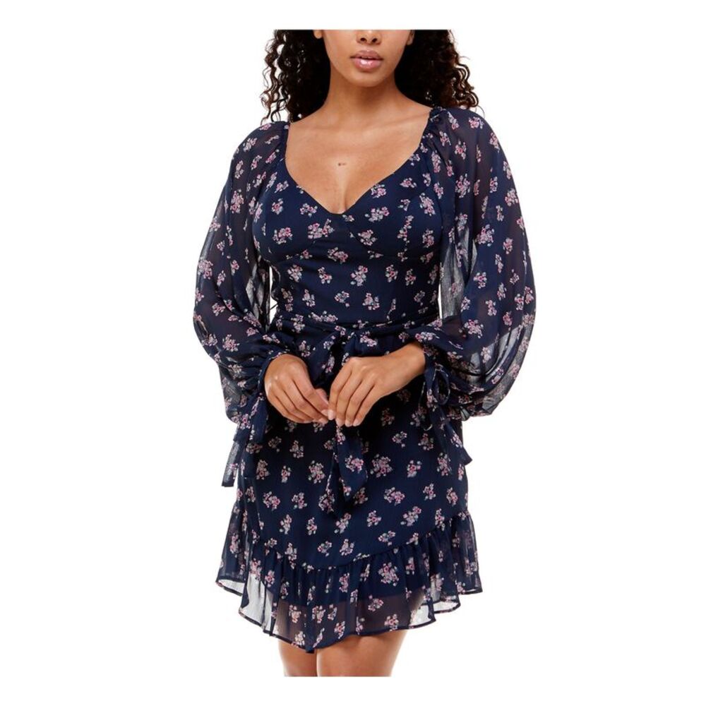 B DARLIN Womens Short Dress Navy Balloon Sleeve Tie Sleeves Juniors 0